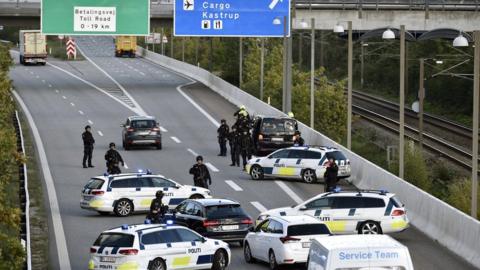 Police barrier near the Oresund bridge