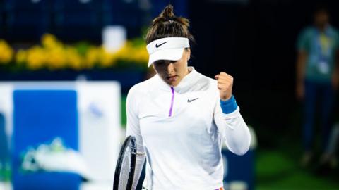 Bianca Andreescu celebrates winning a point against Wimbledon winner Elena Rybakina in Dubai.