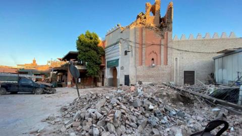 Damage at an old mosque in the historic city of Marrakech, following a powerful quake in Morocco on 9 September 2023.
