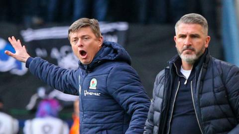 Blackburn Rovers manager Jon Dahl Tomasson and Preston North End boss Ryan Lowe on the touchline