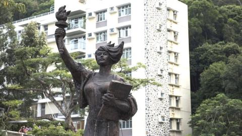 A replica of the "Goddess of Democracy" statue is seen on the campus of the Chinese University of Hong Kong