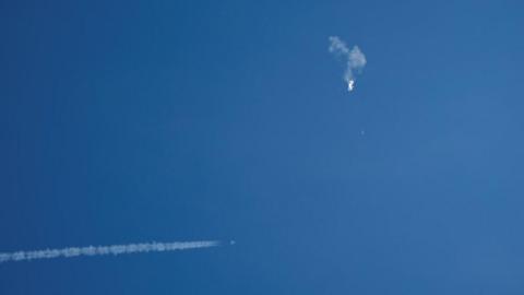 The deflating balloon after it was shot down by a missile from a US Air Force F-22 Raptor