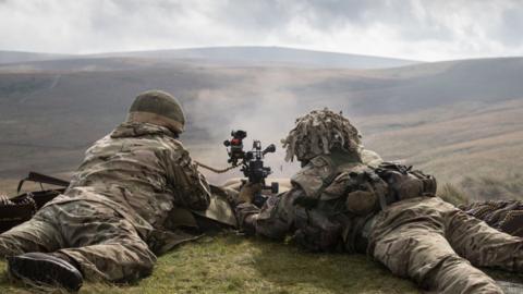 Soldiers from 6 RIFLES fire live ammunition from a General Purpose Machine Gun (GPMG) on the range at Okehampton Camp, Dartmoor, during the 6th Battalion, The Rifles' Annual Deployment Exercise near Okehampton on September 26, 2017
