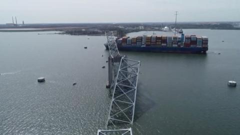 A drone view of the Dali cargo vessel, which crashed into the Francis Scott Key Bridge causing it to collapse, in Baltimore, Maryland, U.S., March 26, 2024, in this still image taken from a handout video