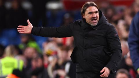 Daniel Farke the head coach / manager of Leeds United reacts towards the fourth official regarding the added on time during the Sky Bet Championship match between Leeds United and Sunderland at Elland Road on April 9, 2024 in Leeds, England.