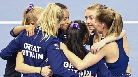 Great Britain's Billie Jean King Cup in a huddle after their match in Glasgow