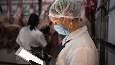 Stock image of a female butcher using digital tablet with face mask at cold storage
