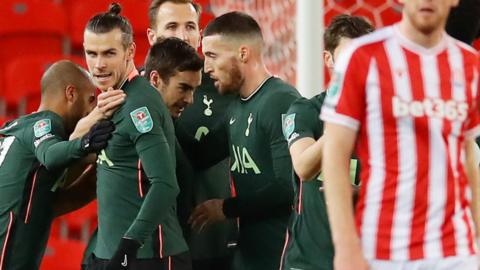 Gareth Bale celebrates after giving Tottenham the lead against Stoke City in the Carabao Cup