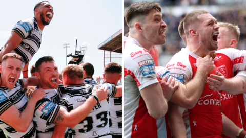 Hull FC celebrate one side and Hull KR celebrate the other