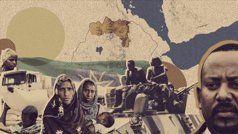 A composite image of a map, refugees and PM Abyi Ahmed