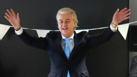Geert Wilders, the leader of the Dutch Party for Freedom (PVV), celebrates
