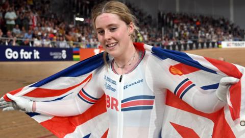 Welsh cyclist Emma Finucane celebrates beating Germany's Lea Sophie Friedrich to win gold at last year's World Championships in Glasgow