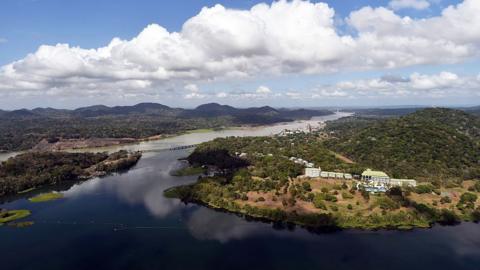 Aerial view of the Panama Canal next to Gatun lake