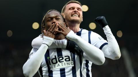 Brandon Thomas-Asante of West Bromwich Albion celebrates scoring the second goal with John Swift during the Sky Bet Championship match between West Bromwich Albion and Blackburn Rovers at The Hawthorns on January 13, 2024 in West Bromwich, England