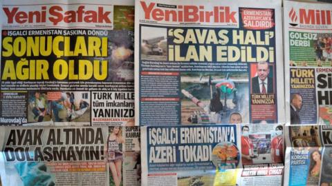 Pro-government newspapers depict clashes between Armenia and Azerbaijan on their front pages in Ankara