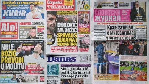 Different front pages of Serbian main newspapers with photos and headlines of Serbia's tennis champion Novak Djokovic staying in Melbourne government detention centre, after he was refused entry to Australia over his Covid-19 vaccine status. January 2022