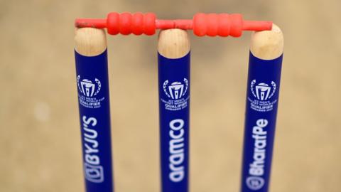 A generic view of some cricket stumps before an ICC World Cu qualifier