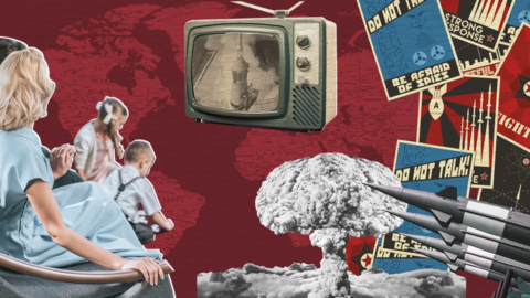 Photo montage of 1950s family watching an old TV with cold war posters, missiles and mushroom cloud alongside them.