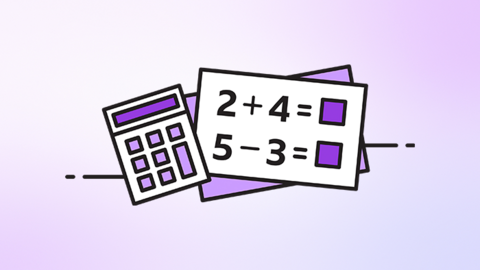 Calculator and a page with the sums 2 + 4 and 5 - 3 awaiting answers