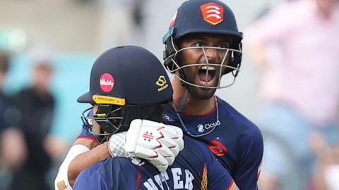 Essex batters Feroze Khushi (right) and Shane Snater celebrate their T20 Blast win over Surrey