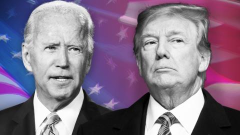 composite image of biden and trump with the us flag in the background