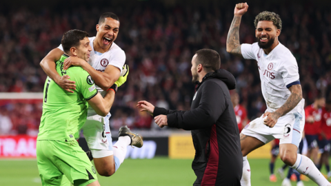 Aston Villa's players celebrate beating Lille in the Europa Conference League