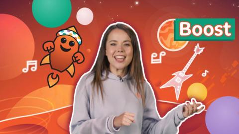Presenter Evie Pickerill in a mauve jumper, smiling, with her arms playing air guitar. Orange graphic background with smiling emojis and the word 'Boost'.