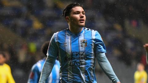 Callum O'Hare celebrates a goal for Coventry