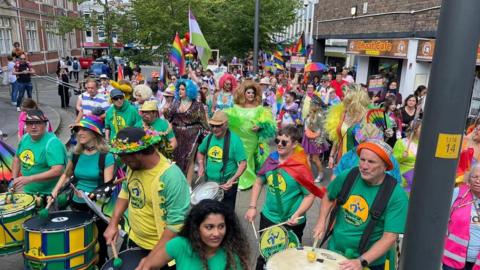 People playing samba drums at the Pride event in Swindon
