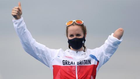 European Para-triathlon Championship champion Claire Cashmore celebrates