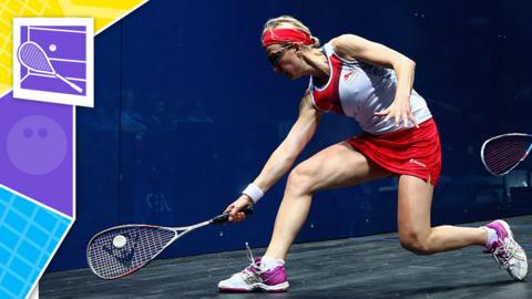 Team England in mixed doubles squash action