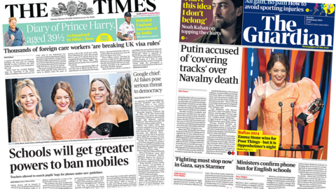 The headline in the Times reads, "Schools will get greater powers to ban mobiles", while the headline in the Guardians reads, "Putin accused of 'covering tracks' over Navalny death".