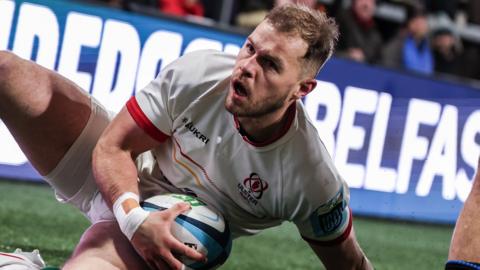 Will Addison celebrates after scoring Ulster's first try