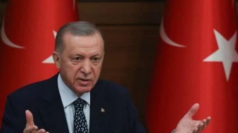 Image of Recep Tayyip Erdogan in front of Turkish flags