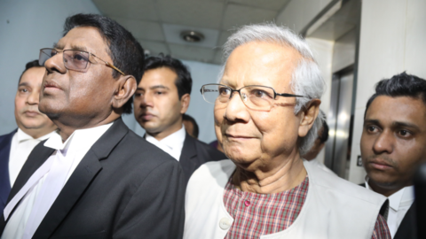 Bangladeshi Nobel peace laureate Muhammad Yunus arrives at the Dhaka Labor Court in Dhaka, Bangladesh, 01 January 2024