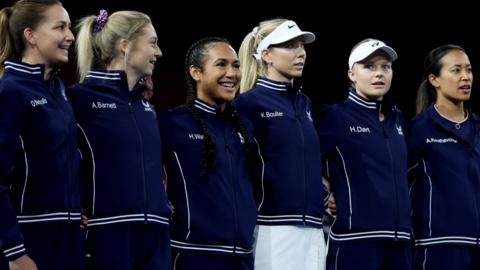 Great Britain's Billie Jean King Cup players line up before the tie against France