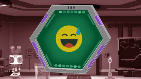 Smiling face on AI display unit with a science lab in the background.
