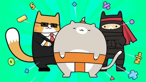 Karate Cats characters, one in a black suit wearing sunglasses, one dressed as a ninja, and one sumo wrestler.