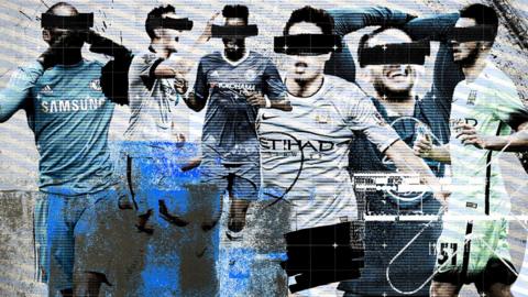 Various Manchester City and Chelsea players with their faces disguised