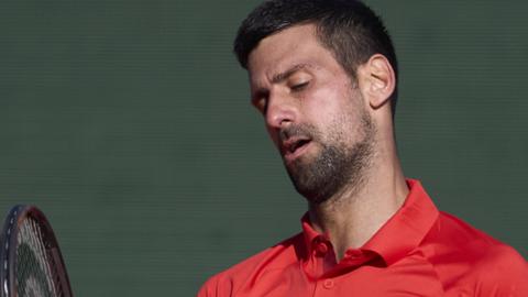 Novak Djokovic looks at his tennis racquet