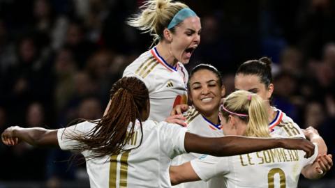 Lyon Feminines celebrate goal against Benfica in the Champions League quarter-finals