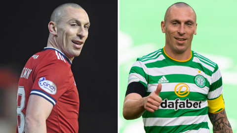 A split picture of Scott Brown in an Aberdeen shirt and a Celtic one