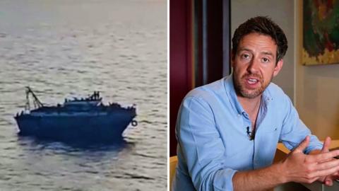 A split-screen image showing a boat carrying hundreds of migrants on one side and BBC correspondent Nick Beake on the other