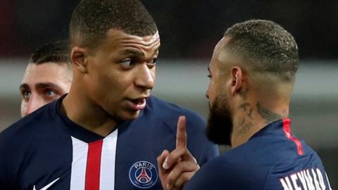 Kylian Mbappe speaks to Neymar after his PSG team-mate is sent off against Bordeaux