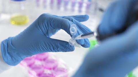 Close up shot of pair of hands in latex gloves using equipment in a lab