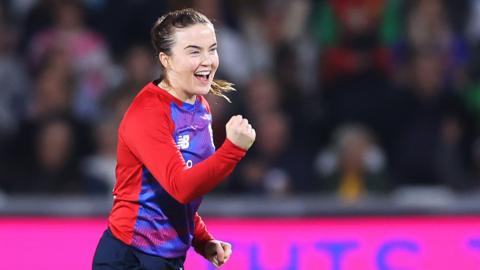 England spinner Mady Villiers celebrates taking a wicket