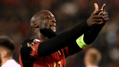 Romelu Lukaku celebrates scoring for Belgium against Azerbaijan