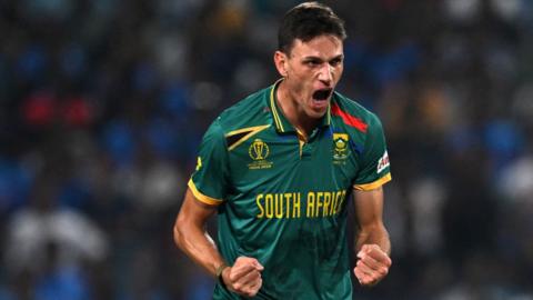 South Africa bowler Marco Jansen celebrates taking a wicket