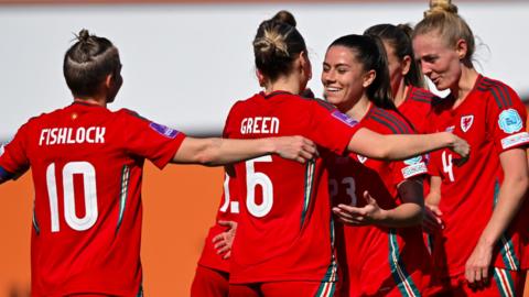 Wales celebrate Ffion Morgan's first Wales goal, their fourth goal in Kosovo
