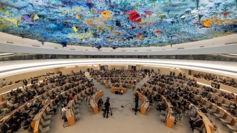 General view of the Human Rights Council in the Human Rights and Alliance of Civilizations Room at the UN building in Geneva